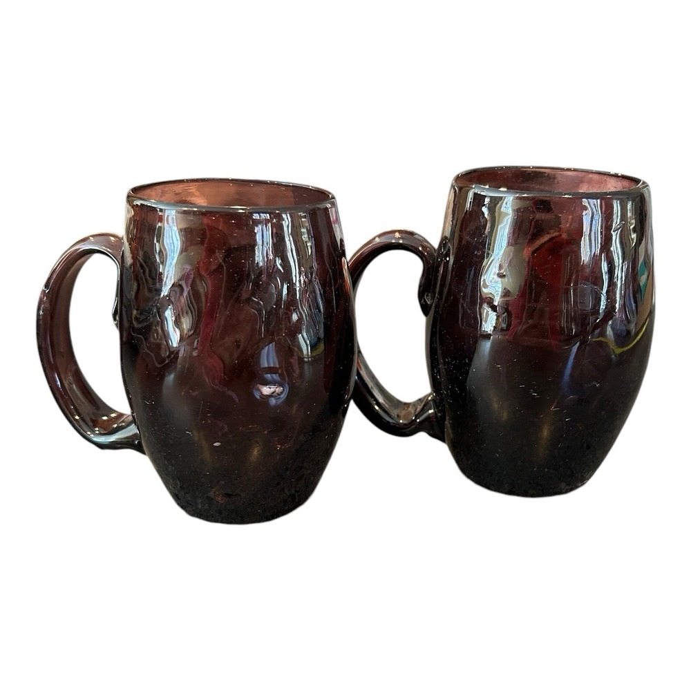 Hand Blown Crafted Amethyst Purple Glass Swirl Applied Handle Cup Mug Set‎ Of 2